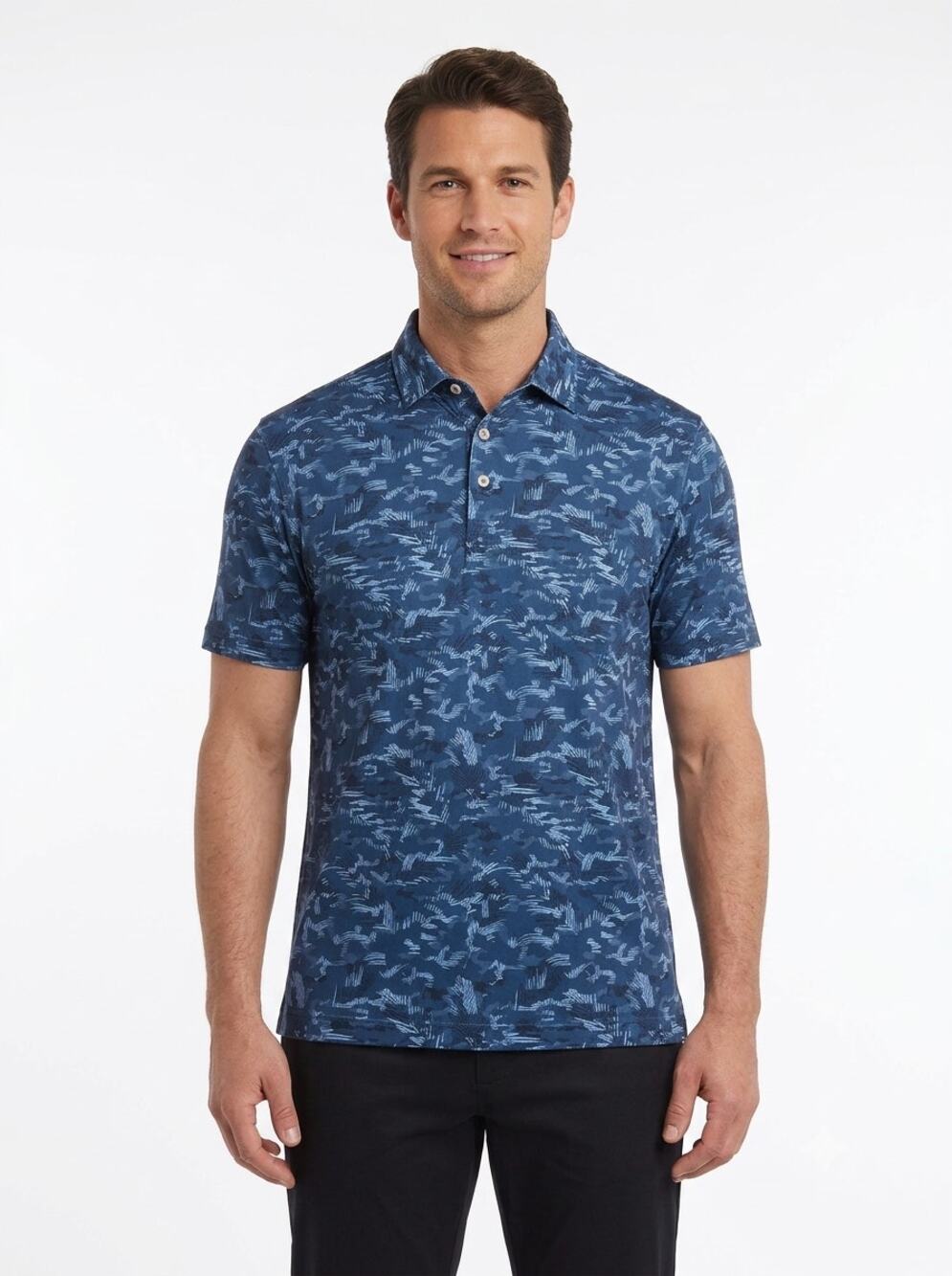 Peter Millar Summer Comfort Golf Polo Shirt Men's L Blue Tropical Camo Stretch